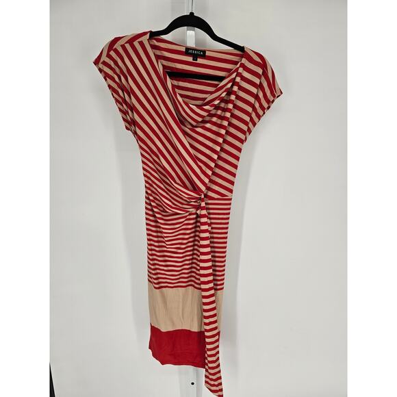 Jessica Women's Red Striped Tied Ruffle Short Sleeve Scoop Neck Dress Size 8 - Picture 1 of 4